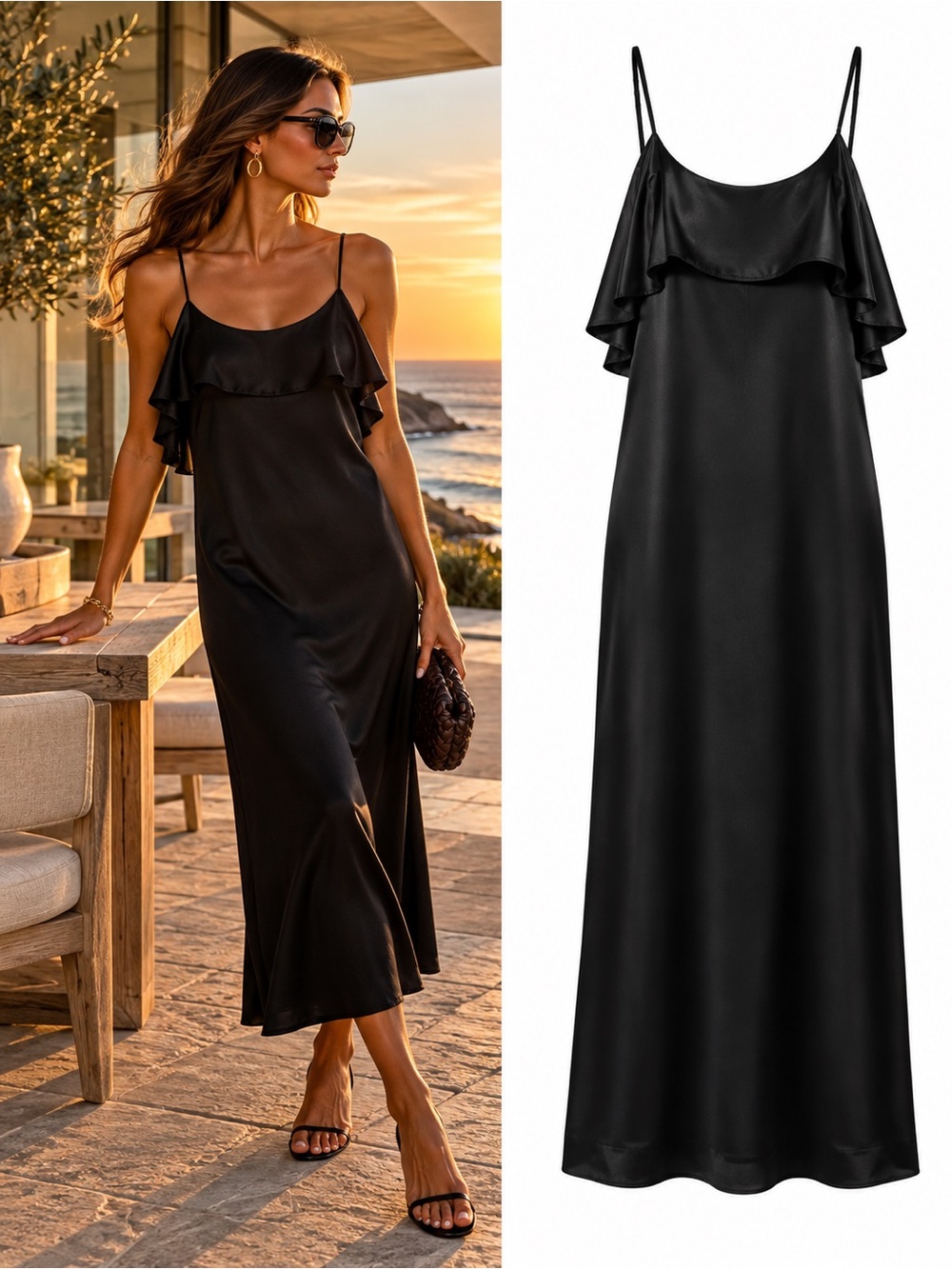 Apiece Apart Pedernal Black Ruffle Midi Slip Dress Size 6